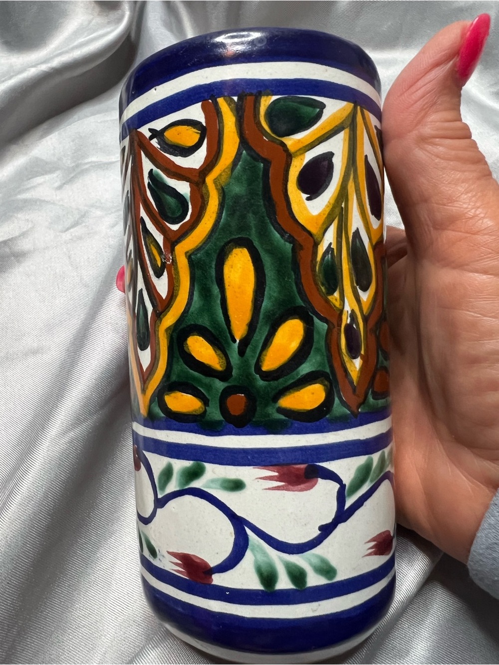 Hand-Painted Mexica Talavera Ceramic Vase in Green, Yellow & Blue 8”